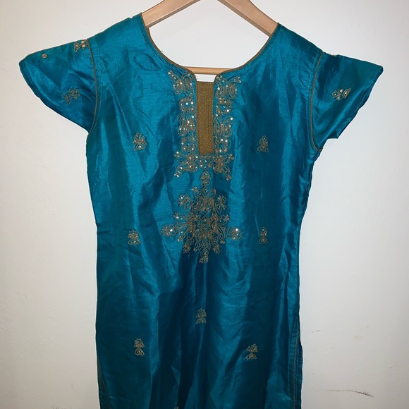 blue gold bollywood indian dress tunic kurti top - Picture 4 of 4